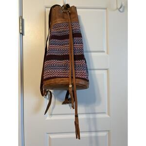 Boho Woven Leather Drawstring Bucket Crossbody Bag Hand Tooled Hippie FLAW